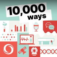 Vector illustration featuring an assortment of research and communication related elements divided by red, white and blue rectangular shapes. The words "10,000 ways" are written in black on a crooked white background.