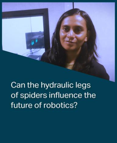 An image card featuring Professor Natasha Mhatre inside a dark blue rectangle with the question "Can the hydraulic legs of spiders influence the future of robotics?" in black text overlayed over it.