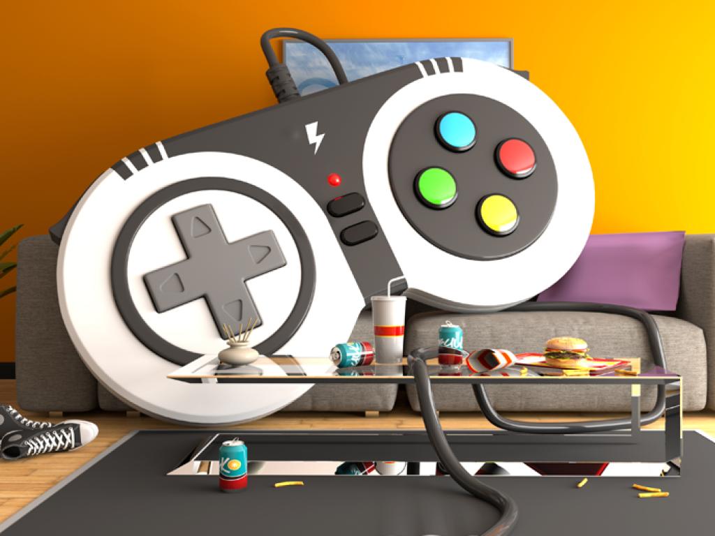 An oversized video game controller appears to lounge on a couch looking toward a coffee table with drinks and snacks