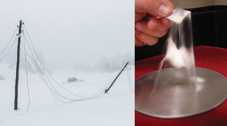 A collage of photos depicting 2 electric poles in a snowstorm and a hand holding a piece of metalic coating over a chunk of ice.