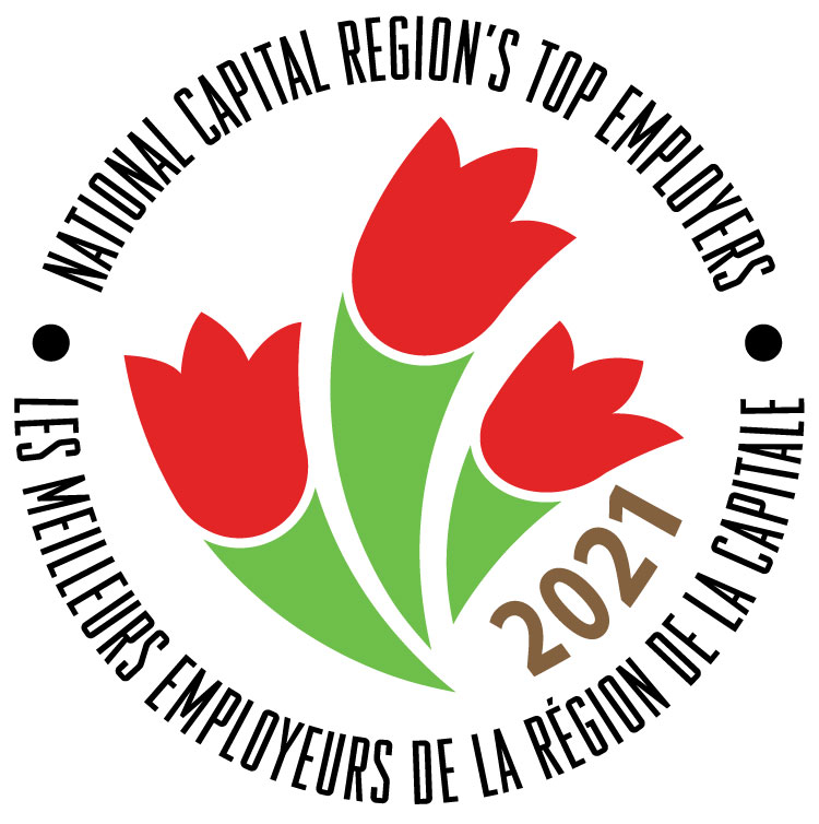 The official National Capital Commission logo consisting of 3 vector tullips with red petals surrounded by a circle of text.