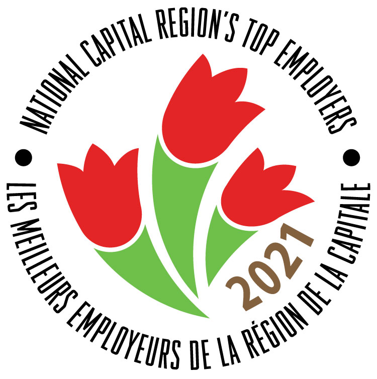 Logo officiel de la Commission de la capitale nationale, composé de trois tulipes aux pétales rouges entourées d'un cercle textuel.