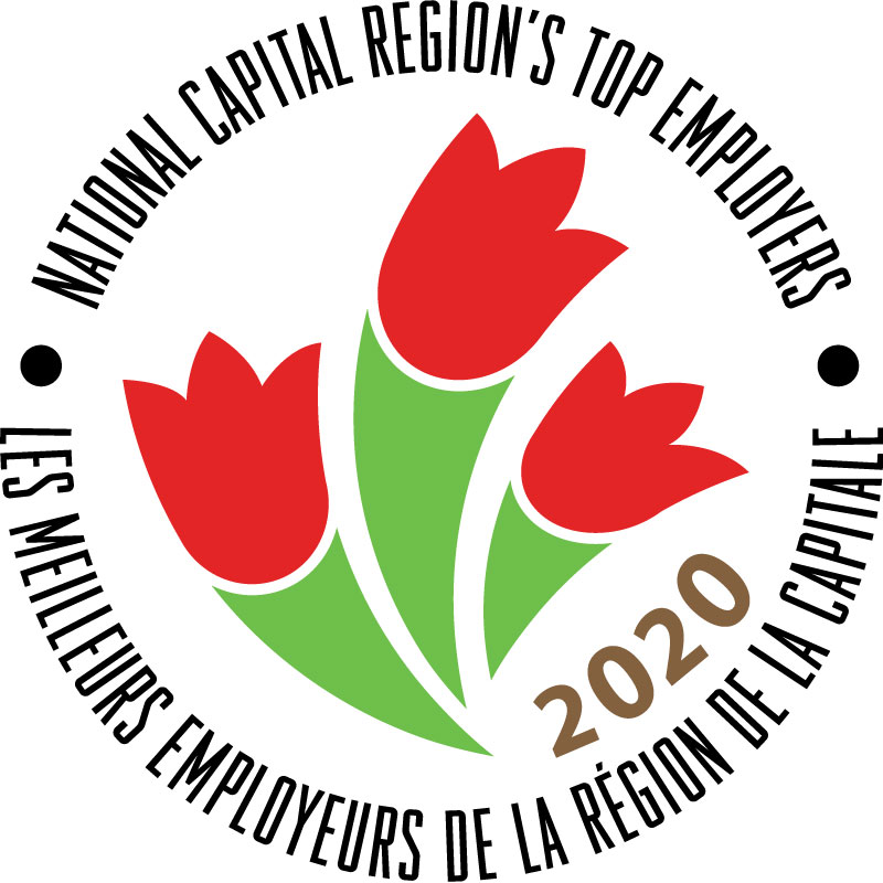 Logo officiel de la Commission de la capitale nationale, composé de trois tulipes aux pétales rouges entourées d'un cercle textuel.