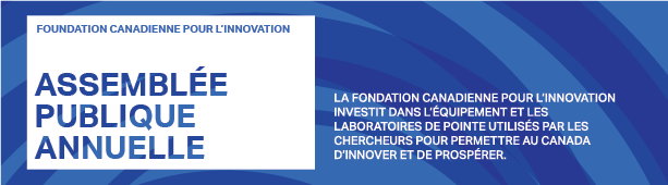 Bannière bleue avec un carré blanc faisant la promotion des assemblées publiques annuelles de la FCI.