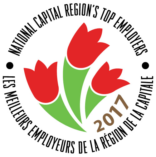 Logo officiel de la Commission de la capitale nationale, composé de trois tulipes aux pétales rouges entourées d'un cercle textuel.