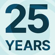 Image of the white CFI logo over a light blue background with "25 Years" written in dark blue text over it.