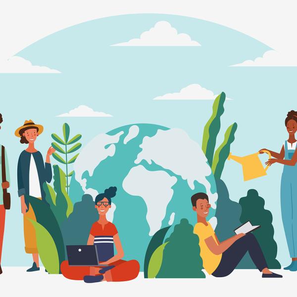 Illustration of five people sitting and standing around a globe surrounded by bushes and plants.