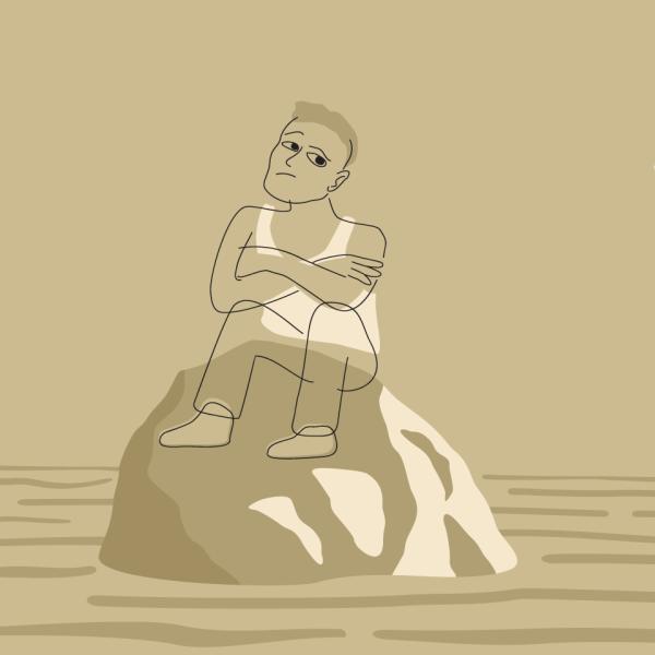 A monochromatic beige illustration of a person sitting arms-crossed on a rock surrounded with water and a blazing sun on the horizon.