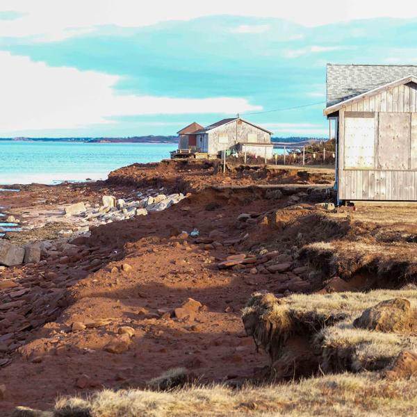 Weathered cottages perch on the edge of a ragged shoreline in Prince Edward Island that was badly eroded by Hurricane Fiona.