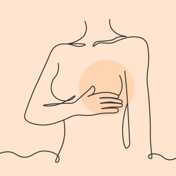 A stylized line drawing of a woman's torso with one breast highlighted by a coloured circle.