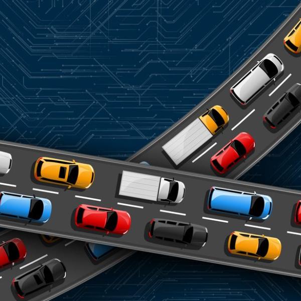 Image graphique de deux autoroutes qui se croisent l’une par-dessus l’autre au-dessus d’une sorte d’océan bleu marine et sur lesquelles des voitures colorées sont pare-chocs contre pare-chocs.