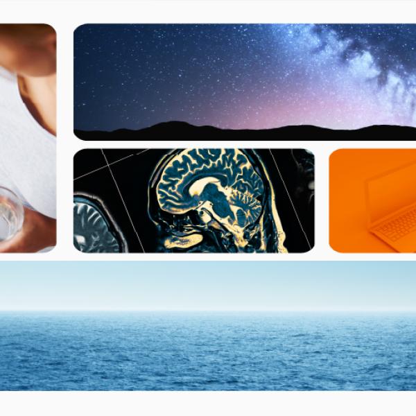 Collage de photos comprenant un ciel étoilé, une vue de l'océan, un ordinateur portable, la radiographie d'un cerveau et une main tenant des pilules.