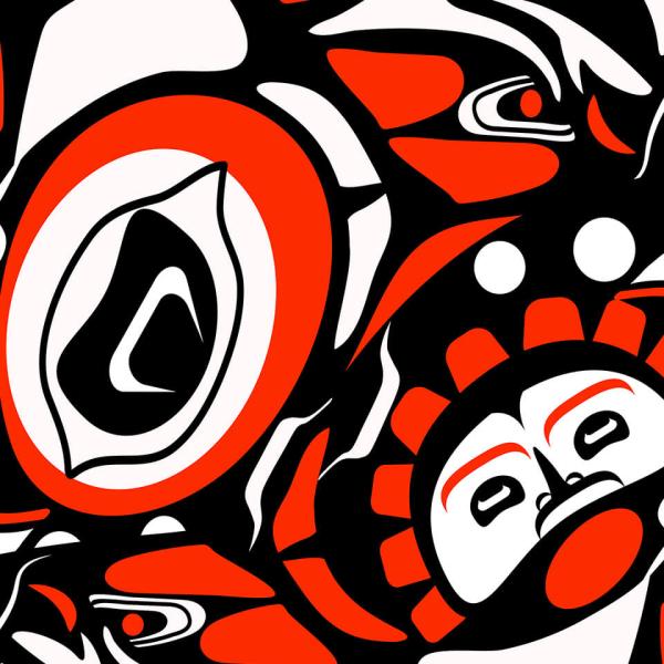 Fragment d'une oeuvre d'art autochtone de la côte du Nord-Ouest composée de motifs abstraits de formes noires, blanches et rouges.