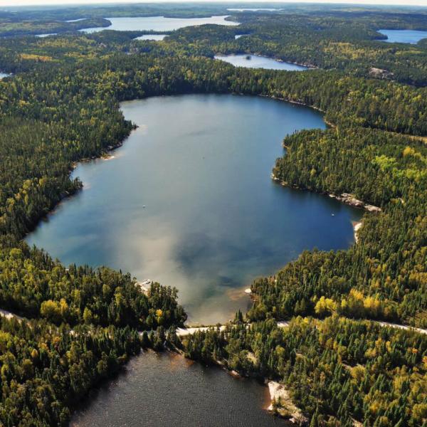 Aerial view of at least six lakes surrounded by forest.