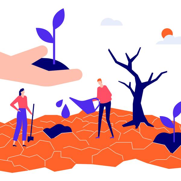 Illustration en couleurs orange et bleu sur laquelle on voit une terre aride, un arbre déséché, une personne tenant une pelle et une autre un arrosoir. Au-dessus de cette scène, une grande main tient un semis.