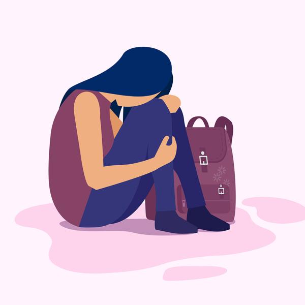 Graphic of a person sitting curled up next to a backpack.