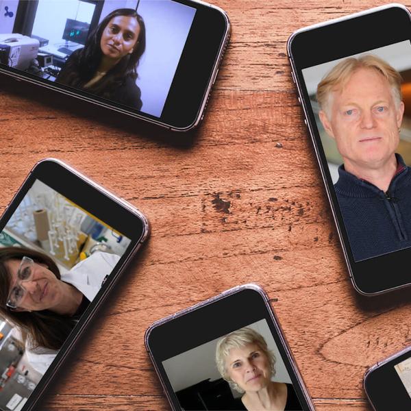 Image of various cellphones on a wooden table displaying photos of researchers.