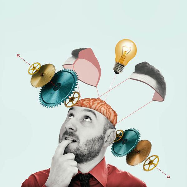 An illustration of a man looking up as gears and a lightbulb come out of his brain.