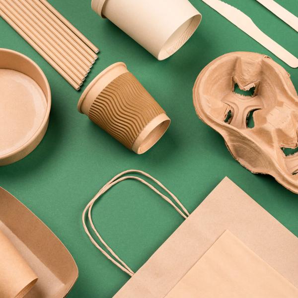 Gobelets, couverts et plateaux en carton ainsi que sacs en papier brun disposés de manière ordonnée sur un fond vert.