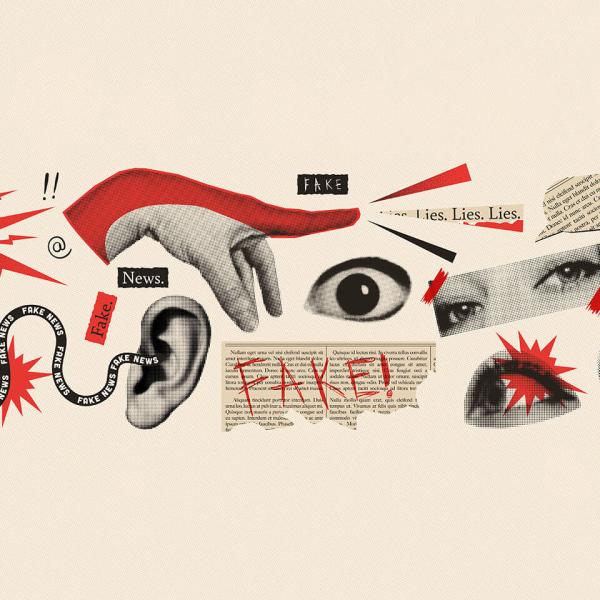 An illustration showing mouths, eyes, hands and ears clipped from newsprint with red splotches, exes and the word fake overlain. 