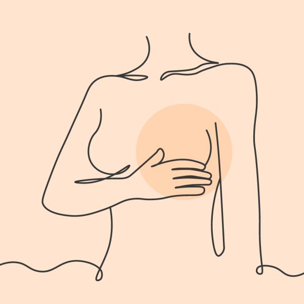 A stylized line drawing of a woman's torso with one breast highlighted by a coloured circle.