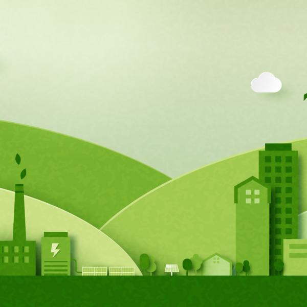 A graphic of several green coloured buildings against a backdrop of rolling green hills with windmills.