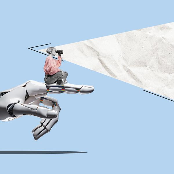 A woman perches on the pointing finger of a robot hand, looking into the distance with binoculars.