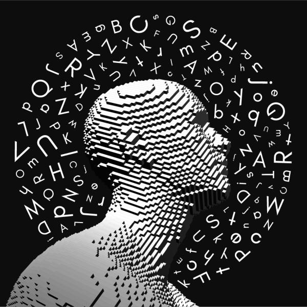 A graphic showing a 3D pixelated human head surrounded by a cloud of letters.