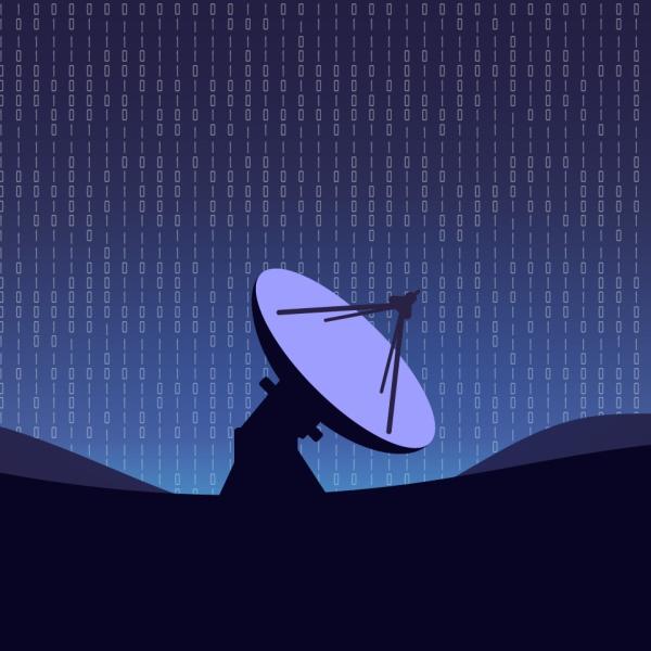 Blue-toned illustration of a telescope in a mountainous landscape. In the background, coded data seems to be falling from the sky.
