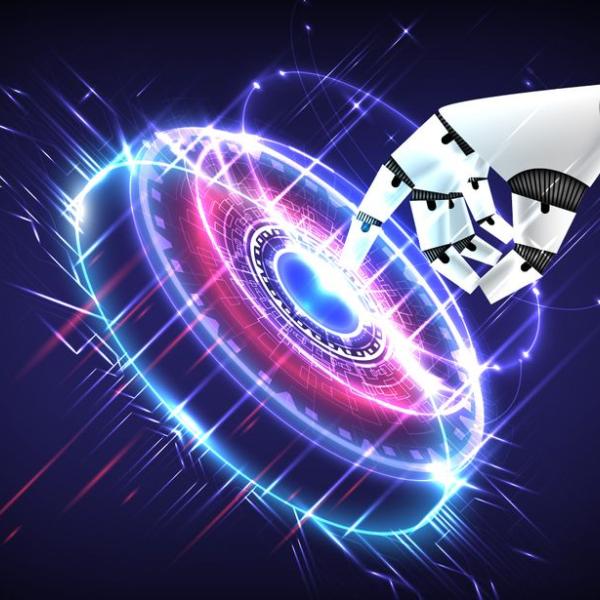 A graphic of the finger of a robot hand pressing an illuminated circular button floating in space.