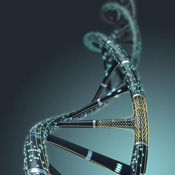 A graphic of a DNA strand lit up with data points.