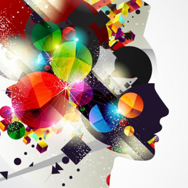 Illustration of an explosion of dynamic colourful shapes contained within a silhouette of a person’s profile.