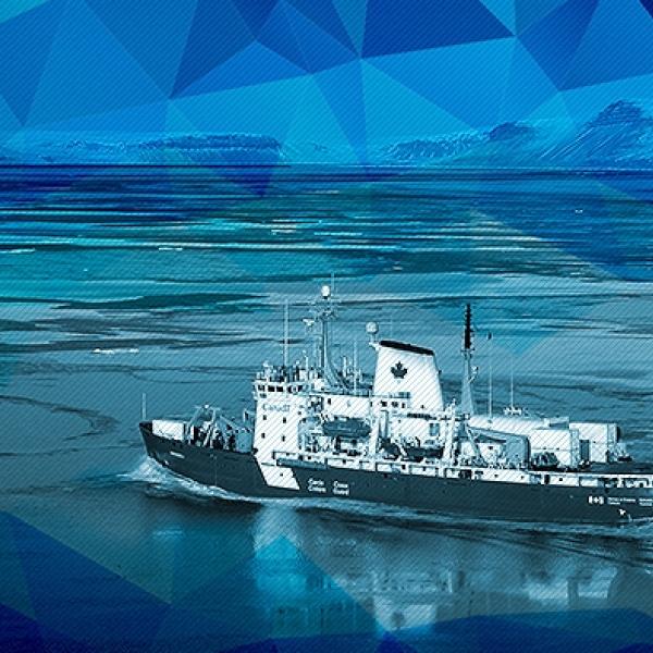 The CCGS Amundsen, a large research icebreaker, plows through a wide stretch of sea ice. The photo is overlaid with a blue textured pattern.