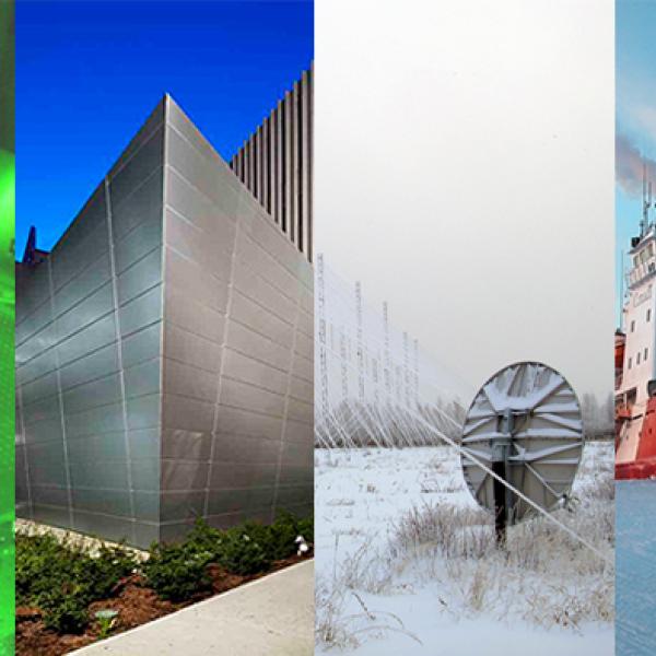 A compilation of images representing four major science projects. The first is a dark platform lit up with bright green light; the second an angular, pointy building; the third a weather radar station with a satellite dish in a snowy field; and the last is a large red and white icebreaker surrounded by frozen water.