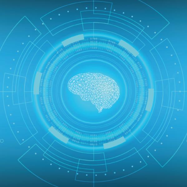A vector graphic of the brain inside a circle made of circuitry over a blue background.