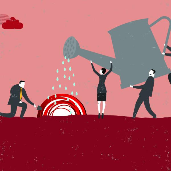 Illustration of three men and a woman in grey suits carrying a giant watering can. From left to right: the woman is helping tilt the watering can by its neck, one man is supporting it from its base, and the other two men, one sitting on top of the other’s shoulders, is holding the handle. Water droplets pour out of the nozzle, falling onto the CFI’s circular red logo growing out of the soil. To the left of the logo, a fourth man is crouching on one knee in the dirt, holding a gardening spade