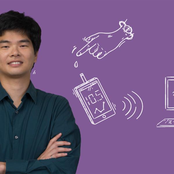 PhD student Austin Lee posing for a photo over a purple background.