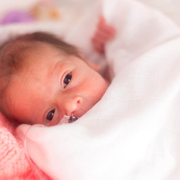 Yeux noirs et nez d’un bébé se pointent, des petits doigts s’agrippent aux rebords de la couverture qui l’enveloppe.