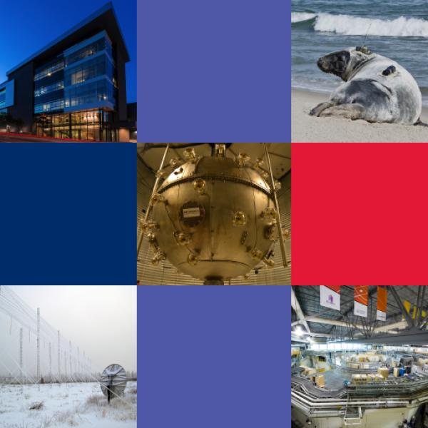Collage de photos représentant des infrastructures, des installations et des équipements de recherche, ainsi que des carrés rouges, bleu clair et bleu foncé.