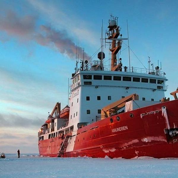 A small group of people stand on a vast expanse of ice, dwarfed by the red and white ice breaker beside them. 