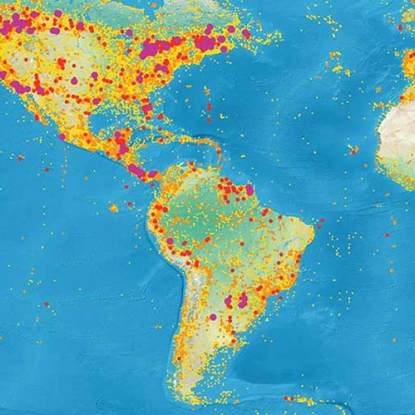 A world map containing heat signatures.