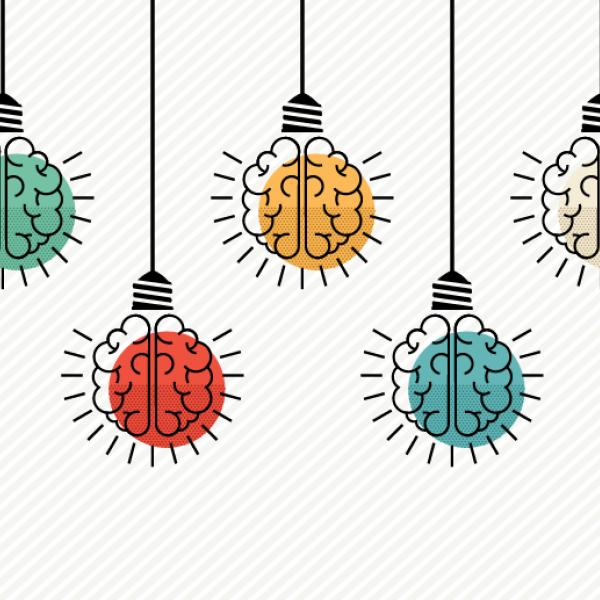 Five sketches of human brains hang like lightbulbs from the ceiling