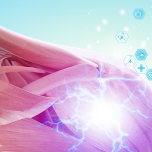 A conceptual drawing showing the muscle structure of a human shoulder and a burst of light to indicate pain. Medical icons in the background.