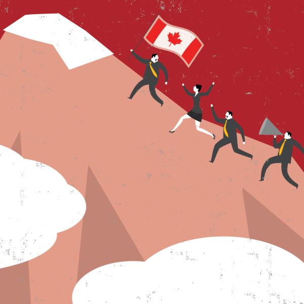 Illustration of a group of men and women running up a mountain. The leader is waving a Canadian flag.