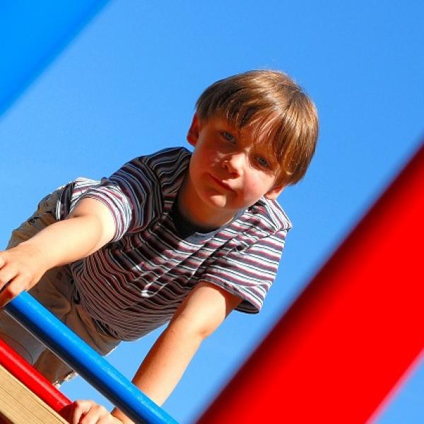 A young boy peers through the bars of a playground structure