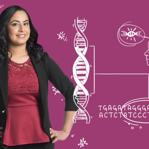 PhD student Sheena Gurm stands surrounded by line drawings depicting strands of DNA