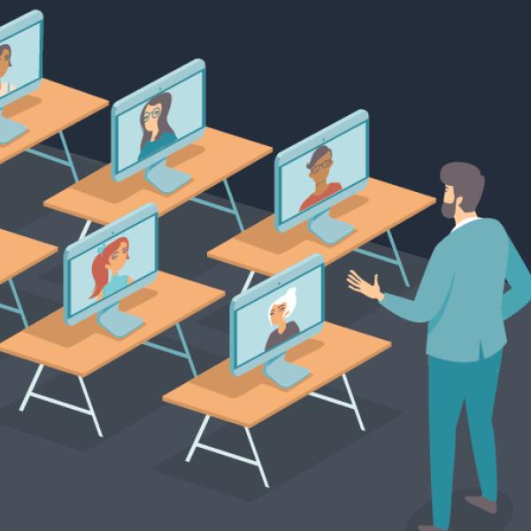 An illustration of a teacher speaking to several monitors set up on school desks to demonstrate the idea of e-learning