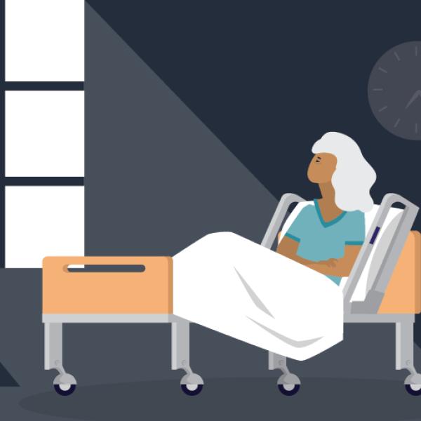 An illustration of a woman with white hair sitting up in a hospital bed gazing toward a window