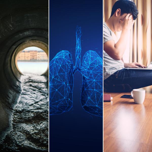 Collage de photos comprenant une bande papier du code couleur CMJN pour l'impression, un tuyau d'égout, un graphique en 3D de poumons, une personne allongée et un vaccin.