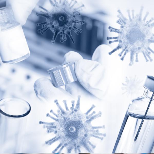 A close up of a vaccine phial besides various superimposed imageswith 3D graphics of a virus layered over a picture of a pair of gloved hands in a laboratory